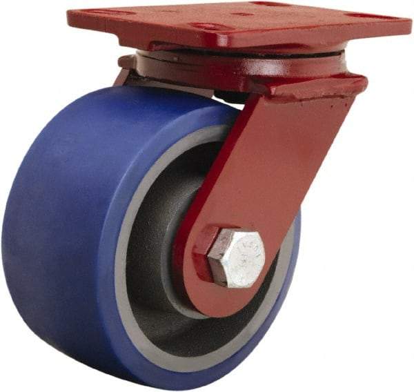 Hamilton - 6" Diam x 3" Wide x 7-1/2" OAH Top Plate Mount Swivel Caster - Polyurethane Mold onto Cast Iron Center, 1,800 Lb Capacity, Tapered Roller Bearing, 4-1/2 x 6-1/2" Plate - Makers Industrial Supply