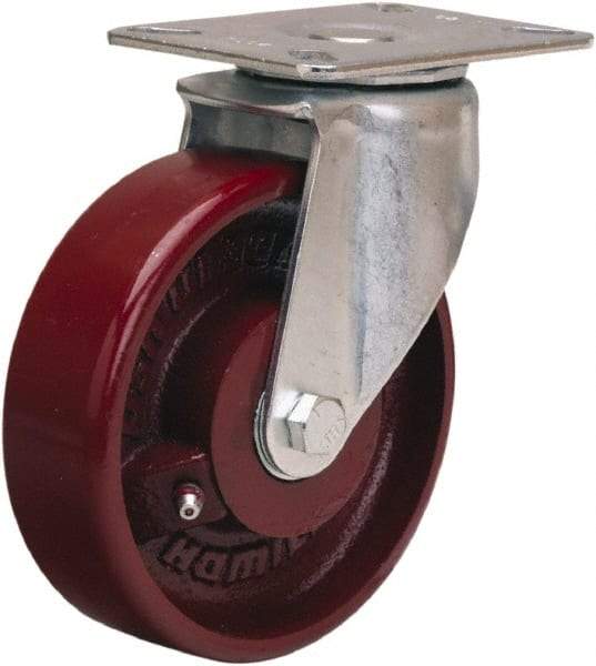 Hamilton - 5" Diam x 1-1/2" Wide x 6-3/8" OAH Top Plate Mount Swivel Caster - Cast Iron, 450 Lb Capacity, Straight Roller Bearing, 3-1/8 x 4-1/8" Plate - Makers Industrial Supply