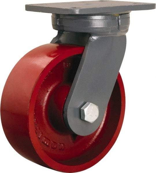 Hamilton - 8" Diam x 3" Wide x 10-1/2" OAH Top Plate Mount Swivel Caster - Cast Iron, 2,600 Lb Capacity, Precision Ball Bearing, 5-1/4 x 7-1/4" Plate - Makers Industrial Supply