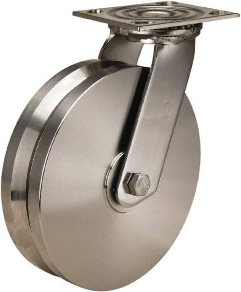 Hamilton - 8" Diam x 2" Wide, Stainless Steel Swivel Caster - 800 Lb Capacity, Top Plate Mount, 3-3/4" x 4-1/2" Plate, Delrin Bearing - Makers Industrial Supply