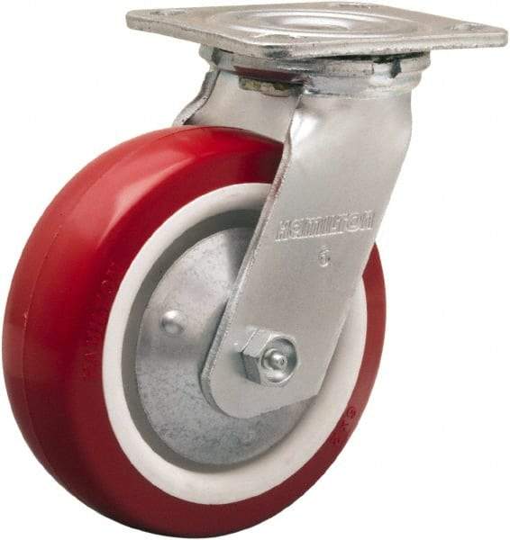 Hamilton - 6" Diam x 2" Wide x 7-1/2" OAH Top Plate Mount Swivel Caster - Polyurethane Mold on Polypropylene, 900 Lb Capacity, Straight Roller Bearing, 4 x 4-1/2" Plate - Makers Industrial Supply