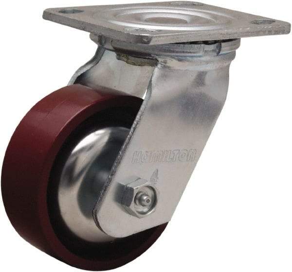 Hamilton - 4" Diam x 1-1/2" Wide x 5-5/8" OAH Top Plate Mount Swivel Caster - Cast Iron, 550 Lb Capacity, Straight Roller Bearing, 4 x 4-1/2" Plate - Makers Industrial Supply