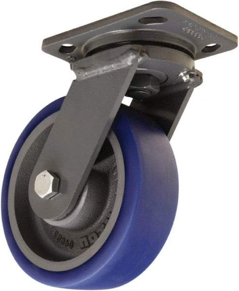 Hamilton - 6" Diam x 2" Wide x 7-1/2" OAH Top Plate Mount Swivel Caster - Polyurethane Mold onto Cast Iron Center, 960 Lb Capacity, Tapered Roller Bearing, 4 x 5" Plate - Makers Industrial Supply