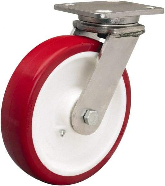 Hamilton - 8" Diam x 2" Wide x 9-1/2" OAH Top Plate Mount Swivel Caster - Polyurethane Mold on Polypropylene, 1,000 Lb Capacity, Delrin Bearing, 4 x 5" Plate - Makers Industrial Supply