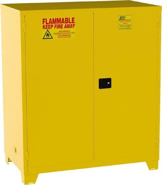 Jamco - 2 Door, 2 Shelf, Yellow Steel Double Wall Safety Cabinet for Flammable and Combustible Liquids - 70" High x 34" Wide x 59" Deep, Manual Closing Door, 3 Point Key Lock, 120 Gal Capacity - Makers Industrial Supply