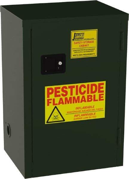 Jamco - 1 Door, 1 Shelf, Green Steel Double Wall Safety Cabinet for Flammable and Combustible Liquids - 35" High x 18" Wide x 23" Deep, Manual Closing Door, 3 Point Key Lock, 12 Gal Capacity - Makers Industrial Supply