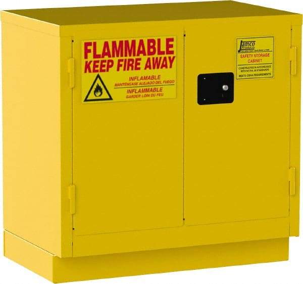 Jamco - 2 Door, 1 Shelf, Yellow Steel Double Wall Safety Cabinet for Flammable and Combustible Liquids - 35" High x 22" Wide x 36" Deep, Manual Closing Door, 3 Point Key Lock, 22 Gal Capacity - Makers Industrial Supply