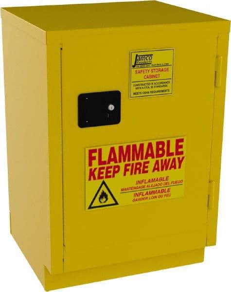 Jamco - 1 Door, 1 Shelf, Yellow Steel Double Wall Safety Cabinet for Flammable and Combustible Liquids - 35" High x 22" Wide x 24" Deep, Manual Closing Door, 3 Point Key Lock, 12 Gal Capacity - Makers Industrial Supply