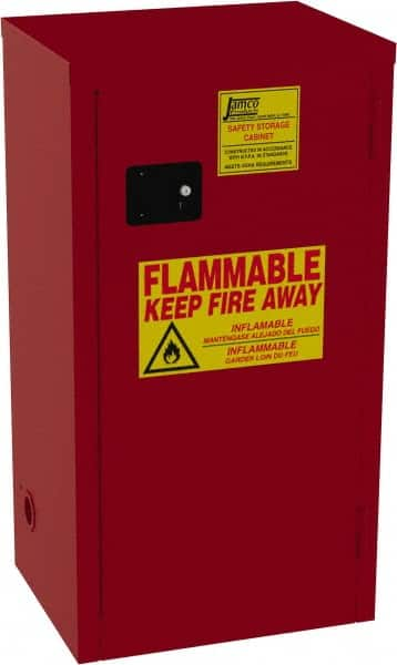 Jamco - 1 Door, 3 Shelf, Red Steel Double Wall Safety Cabinet for Flammable and Combustible Liquids - 44" High x 18" Wide x 23" Deep, Manual Closing Door, 3 Point Key Lock, 24 Gal Capacity - Makers Industrial Supply