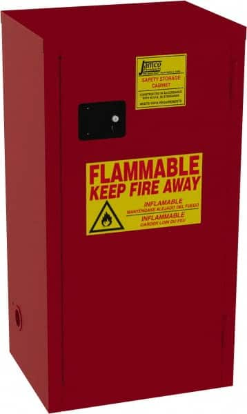 Jamco - 1 Door, 3 Shelf, Red Steel Double Wall Safety Cabinet for Flammable and Combustible Liquids - 35" High x 18" Wide x 23" Deep, Self Closing Door, 3 Point Key Lock, 24 Gal Capacity - Makers Industrial Supply