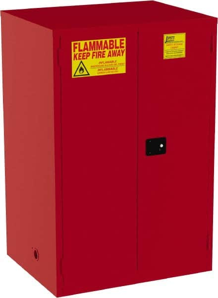 Jamco - 2 Door, 5 Shelf, Red Steel Double Wall Safety Cabinet for Flammable and Combustible Liquids - 65" High x 34" Wide x 43" Deep, Self Closing Door, 3 Point Key Lock, 120 Gal Capacity - Makers Industrial Supply