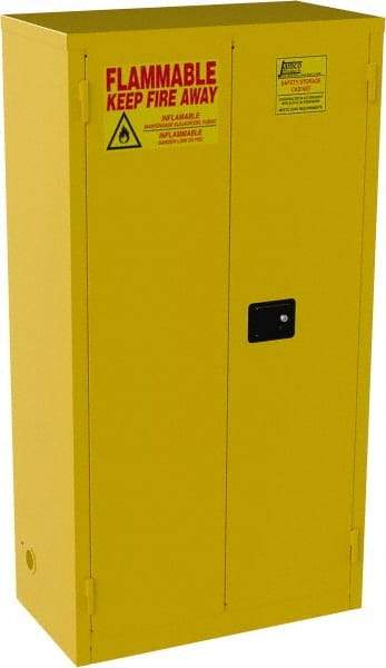 Jamco - 2 Door, 3 Shelf, Yellow Steel Double Wall Safety Cabinet for Flammable and Combustible Liquids - 65" High x 18" Wide x 34" Deep, Manual Closing Door, 3 Point Key Lock, 44 Gal Capacity - Makers Industrial Supply