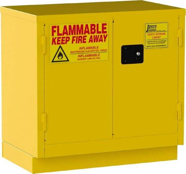 Jamco - 2 Door, 1 Shelf, Yellow Steel Double Wall Safety Cabinet for Flammable and Combustible Liquids - 35" High x 22" Wide x 36" Deep, Self Closing Door, 3 Point Key Lock, 22 Gal Capacity - Makers Industrial Supply