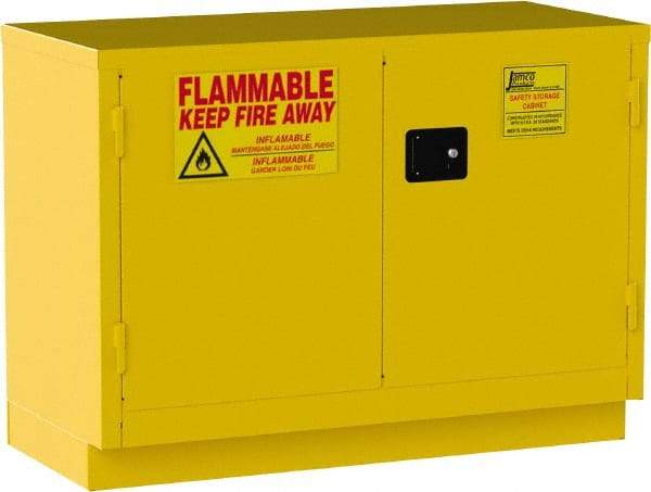 Jamco - 2 Door, 1 Shelf, Yellow Steel Double Wall Safety Cabinet for Flammable and Combustible Liquids - 35" High x 22" Wide x 48" Deep, Self Closing Door, 3 Point Key Lock, 30 Gal Capacity - Makers Industrial Supply