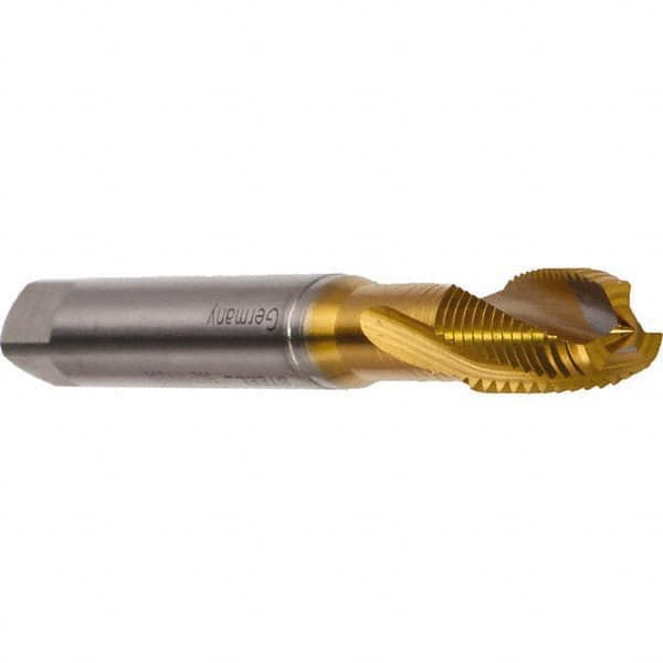 Emuge - M10x1.50 Metric 3 Flute 6H Modified Bottoming Spiral Flute Tap - Cobalt, TiN Finish, 100mm OAL, Right Hand Flute, Right Hand Thread, Series Rekord DF - Makers Industrial Supply