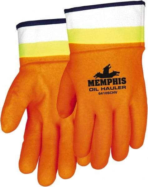 MCR Safety - Size L (9), 10-1/2" Long, 59 mil Thick, Supported, PVC Chemical Resistant Gloves - Rough Finish, Fleece/Jersey Lined, Orange - Makers Industrial Supply