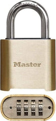 Master Lock - 2" Body Width x 3" Body Height, 1" Shackle Clearance, Brass Finish Combination Lock - 5/16" Shackle Diam, 1" Shackle Width, Set Your Own 4 Digit Combination - Makers Industrial Supply