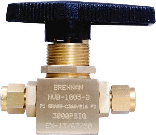 Brennan - 1/4" Pipe, Tube End Connections, Brass, Inline, Two Way Flow, Instrumentation Ball Valve - 3,000 psi WOG Rating, Nylon Handle, PTFE Seal, PFA Seat, Swaglok B-42S4 - Makers Industrial Supply