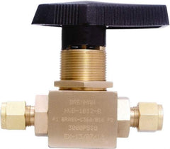 Brennan - 3/8" Pipe, Tube End Connections, Brass, Inline, Two Way Flow, Instrumentation Ball Valve - 3,000 psi WOG Rating, Nylon Handle, PTFE Seal, PFA Seat, Swaglok B-44S6 - Makers Industrial Supply