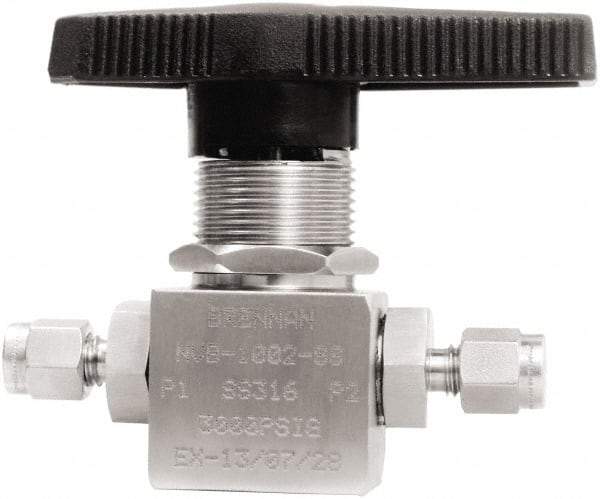 Brennan - 1/8" Pipe, Tube End Connections, Stainless Steel, Inline, Two Way Flow, Instrumentation Ball Valve - 3,000 psi WOG Rating, Nylon Handle, PTFE Seal, PFA Seat, Swaglok SS-41GS2 - Makers Industrial Supply