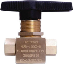 Brennan - 1/8" Pipe, NPT End Connections, Brass, Inline, Two Way Flow, Instrumentation Ball Valve - 3,000 psi WOG Rating, Nylon Handle, PTFE Seal, PFA Seat, Swaglok B-42F2 - Makers Industrial Supply