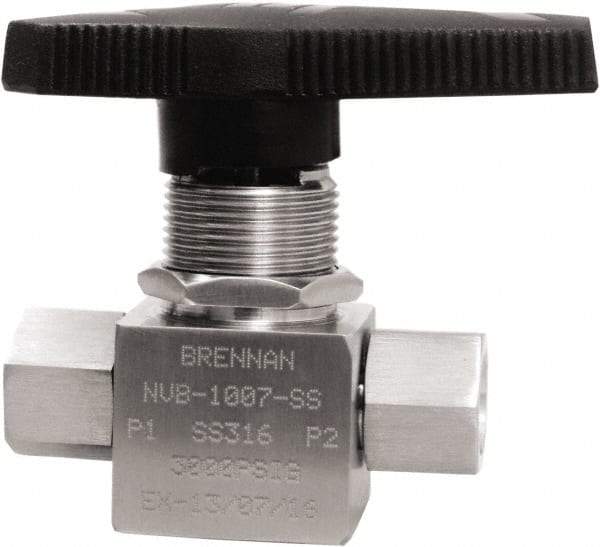 Brennan - 1/4" Pipe, NPT End Connections, Stainless Steel, Inline, Two Way Flow, Instrumentation Ball Valve - 3,000 psi WOG Rating, Nylon Handle, PTFE Seal, PFA Seat, Swaglok SS-43GEF4 - Makers Industrial Supply