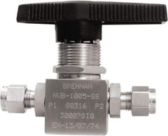 Brennan - 1/4" Pipe, Tube End Connections, Stainless Steel, Inline, Two Way Flow, Instrumentation Ball Valve - 3,000 psi WOG Rating, Nylon Handle, PTFE Seal, PFA Seat, Swaglok SS-42GS4 - Makers Industrial Supply