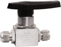 Brennan - 1/2" Pipe, Tube End Connections, Stainless Steel, Inline, Two Way Flow, Instrumentation Ball Valve - 3,000 psi WOG Rating, Nylon Handle, PTFE Seal, PFA Seat, Swaglok SS-45S8 - Makers Industrial Supply