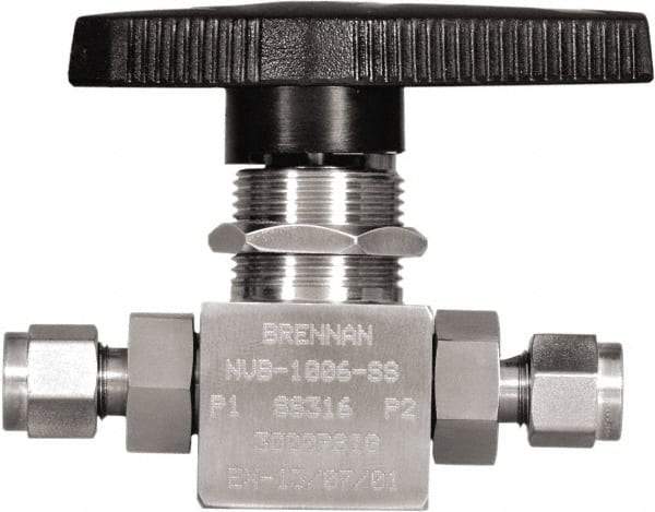 Brennan - 1/4" Pipe, Tube End Connections, Stainless Steel, Inline, Two Way Flow, Instrumentation Ball Valve - 3,000 psi WOG Rating, Nylon Handle, PTFE Seal, PFA Seat, Swaglok SS-43GS4 - Makers Industrial Supply