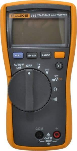 Fluke - 114, CAT III, 600 VAC/VDC, Digital True RMS Auto Ranging Manual Ranging Multimeter - 40 mOhm, Measures Voltage, Capacitance, Current, Resistance - Makers Industrial Supply