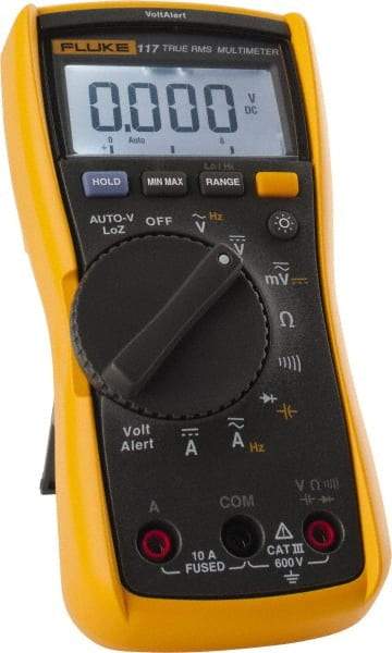 Fluke - 117, CAT III, 600 VAC/VDC, Digital True RMS Auto Ranging Manual Ranging Multimeter - 40 mOhm, Measures Voltage, Capacitance, Current, Frequency, Resistance - Makers Industrial Supply