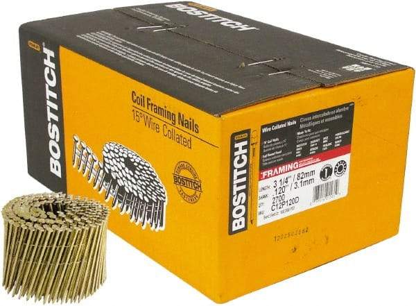 Stanley Bostitch - 11 Gauge 0.12" Shank Diam 3-1/4" Long Framing Nails for Power Nailers - Steel, Yellow Zinc Finish, Smooth Shank, Coil Wire Collation, Round Head, Diamond Point - Makers Industrial Supply