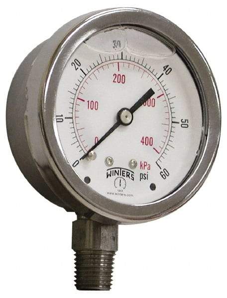 Winters - 2-1/2" Dial, 1/4 Thread, 0-600 Scale Range, Pressure Gauge - Lower Connection Mount, Accurate to 1.5% of Scale - Makers Industrial Supply