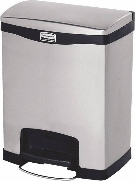 Rubbermaid - 8 Gal Rectangle Unlabeled Trash Can - 21.86" High x 16-7/8" Long, Chrome, Black, Metal - Makers Industrial Supply