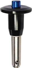 Monroe Engineering Products - 5/8" Diam, 1-1/2" Usable Length, Button Handle, Push Button Quick Release Pin - 3-3/4" OAL, Grade 4140 Steel, Zinc-Plated Finish - Makers Industrial Supply