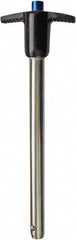 Monroe Engineering Products - 9/16" Diam, 4" Usable Length, T Handle, Push Button Quick Release Pin - 5-1/8" OAL, Grade 4140 Steel, Zinc-Plated Finish - Makers Industrial Supply