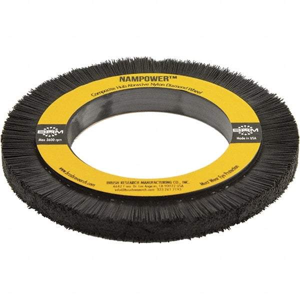 Brush Research Mfg. - 5-29/32" OD, 3-1/4" Arbor Hole, Crimped Abrasive Nylon Wheel Brush - 0.5906" Face Width, 3/4" Trim Length, 3,600 RPM - Makers Industrial Supply