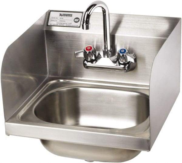 Krowne - 14" Long x 10" Wide Inside, 1 Compartment, Grade 304 Stainless Steel Hand Sink with Side Support - 20 Gauge, 14" Long x 16" Wide x 15" High Outside, 6" Deep - Makers Industrial Supply