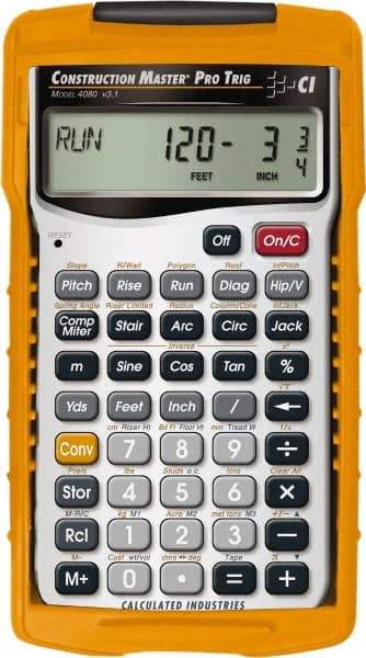 Calculated Industries - 11-Digit (7 normal, 4 Fractions) with Full Annunciators Handheld Calculator - 5/8" x 2-1/2" (15.00mm x 65.0mm) Display Size, Silver & Yellow, LR-44/A76 Powered - Makers Industrial Supply