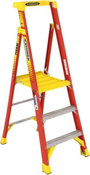 Werner - 3 Steps, 3' High, Type IA Rating, Fiberglass Step Ladder - 300 Lb Load Capacity, 26-3/8" Base Width - Makers Industrial Supply