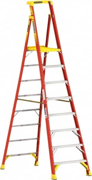 Werner - 8 Steps, 8' High, Type IA Rating, Fiberglass Step Ladder - 300 Lb Load Capacity, 34-3/4" Base Width - Makers Industrial Supply