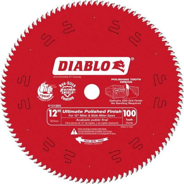 Freud - 12" Diam, 1" Arbor Hole Diam, 100 Tooth Wet & Dry Cut Saw Blade - Carbide-Tipped, Fine Finishing Action, Standard Round Arbor - Makers Industrial Supply
