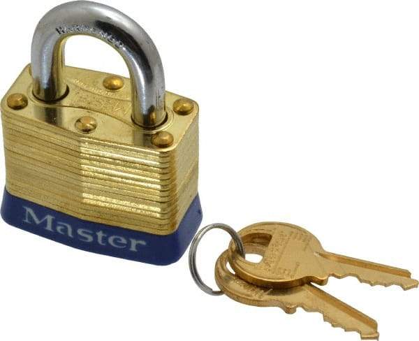 Master Lock - 3/4" Shackle Clearance, Keyed Alike Laminated Brass Padlock - 9/32" Shackle Diam, Brass - Makers Industrial Supply