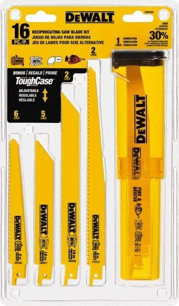 DeWALT - 16 Pieces, 6" to 9" Long x 0.04" Thickness, Bi-Metal Reciprocating Saw Blade Set - Straight Profile, 6 to 18 Teeth, Toothed Edge - Makers Industrial Supply