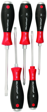 5 Piece - SoftFinish® Cushion Grip Extra Heavy Duty Screwdriver w/ Hex Bolster & Metal Striking Cap Set - #53075 - Includes: Slotted 4.5 - 6.5mm Phillips #1 - 2 - Extra Heavy Duty - Makers Industrial Supply