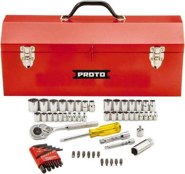 Proto - 65 Piece 1/4 & 3/8" Drive Standard Socket Set - 6 & 12 Points, 1/4 to 5/8", 4 to 17mm, Inch/Metric Measurement Standard - Makers Industrial Supply