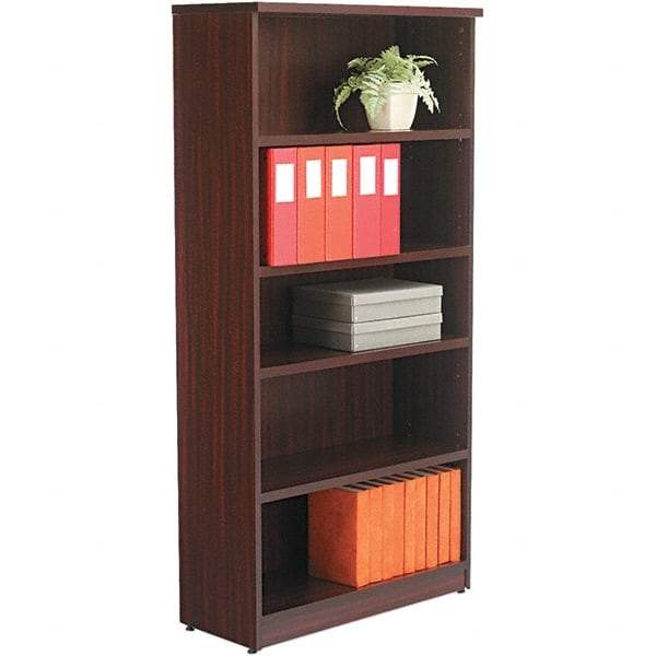 ALERA - 5 Shelf, 65" High x 31-3/4" Wide Bookcase - 14" Deep, Woodgrain Laminate, Mahogany - Makers Industrial Supply