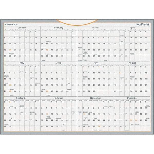 AT-A-GLANCE - 1 Sheet, 24 x 18", Erasable Wall Calendar - Gray, White & Orange - Makers Industrial Supply