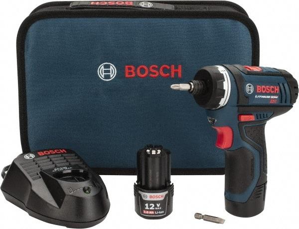 Bosch - 12 Volts, Lithium-Ion Battery, 1/4 Inch Keyless Chuck, Pistol Grip Cordless Drill - 600 RPM, 265 Inch/Lbs. Torque, 2 Speed, Reversible, Includes (2) Lithium-Ion 12V Max Batteries, 30 Minute Charger, Carrying Case - Makers Industrial Supply