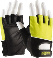 PIP - Size L Sheepskin/Cotton/Nylon General Protection Work Gloves - For Mechanic's & Lifting, Uncoated, Hook & Loop Cuff, Half Fingered, Black/Yellow, Paired - Makers Industrial Supply